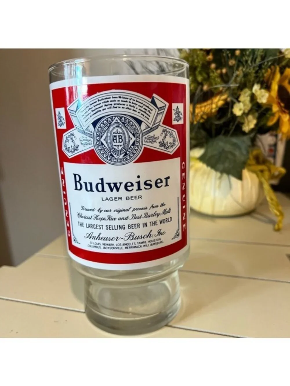 Budweiser craft glass, 32 oz, barware collectible, vintage Breweriana man cave